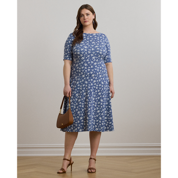 Refreshed with an enchanting, two-tone floral motif, this boatneck midi dress with elbow-length sleeves is crafted from breathable stretch cotton for a comfortable fit and feel.