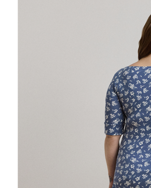 Refreshed with an enchanting, two-tone floral motif, this boatneck midi dress with elbow-length sleeves is crafted from breathable stretch cotton for a comfortable fit and feel.