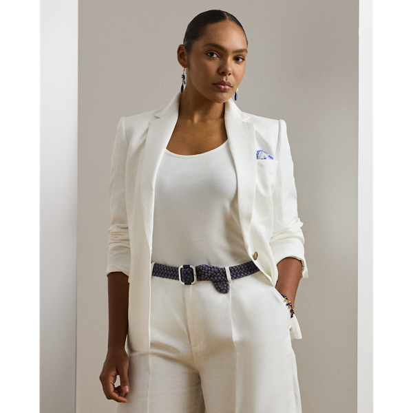 Shoulder pads, princess seams and waist darts enhance the streamlined silhouette of this blazer, which is crafted with airy linen-blend twill. Signature horn-effect buttons provide added sophistication.