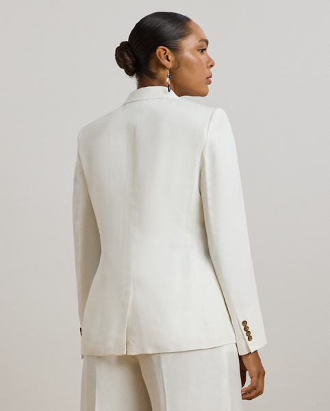 Shoulder pads, princess seams and waist darts enhance the streamlined silhouette of this blazer, which is crafted with airy linen-blend twill. Signature horn-effect buttons provide added sophistication.