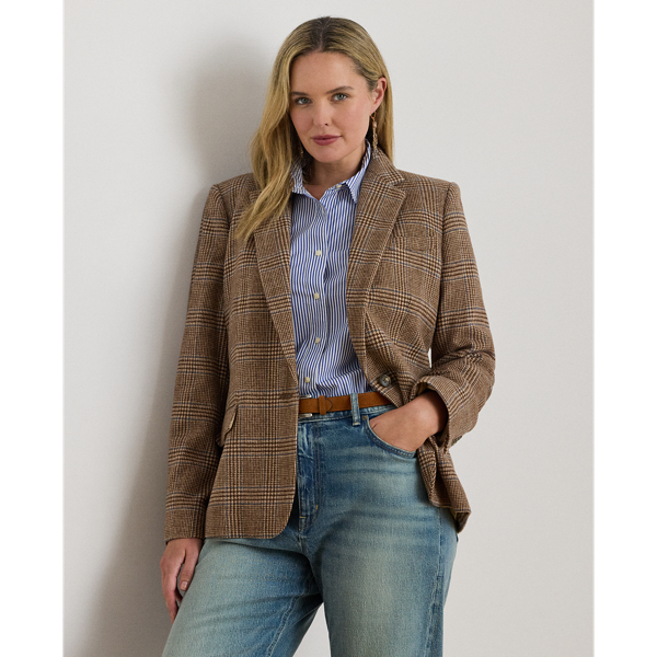 Shoulder pads, princess seams and waist darts enhance the streamlined silhouette of this blazer, which is crafted with soft wool-blend twill. Decorated with signature horn-effect buttons, this style showcases a refined Glen plaid pattern.
