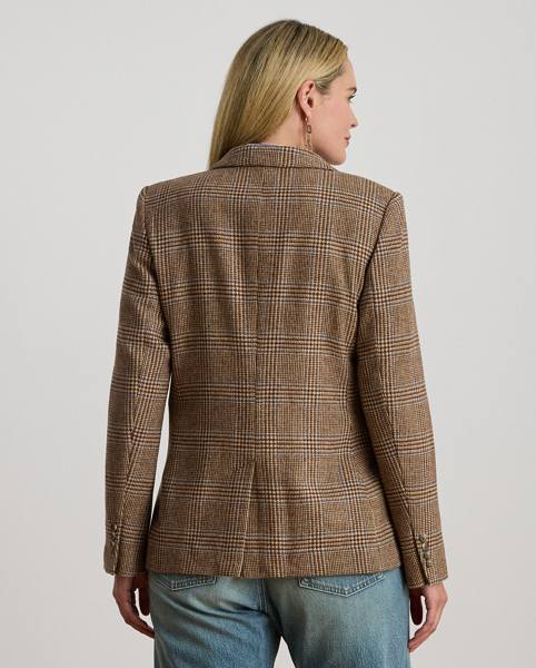 Shoulder pads, princess seams and waist darts enhance the streamlined silhouette of this blazer, which is crafted with soft wool-blend twill. Decorated with signature horn-effect buttons, this style showcases a refined Glen plaid pattern.