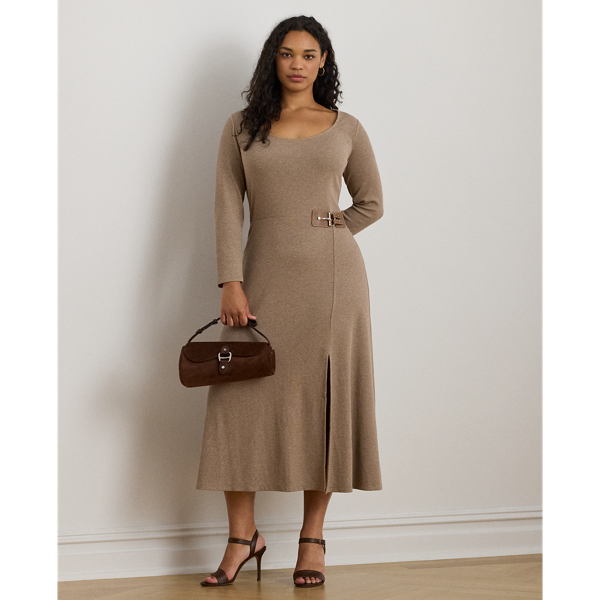 A rib-knit cotton blend brings subtle texture to this scoopneck midi dress, which is finished with a sumptuous, faux-leather buckled tab on the waist and a slit on the skirt for ease of movement.