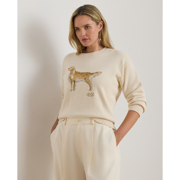 Knit from combed cotton for a soft hand, this crewneck jumper features an intarsia-knit golden retriever and an embroidered script "LRL" logo on the chest. A relaxed-fitting silhouette and dropped shoulders enhance its cosy feel.