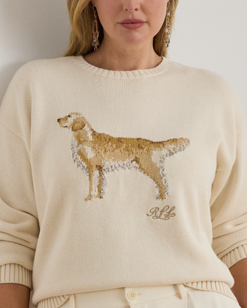 Knit from combed cotton for a soft hand, this crewneck jumper features an intarsia-knit golden retriever and an embroidered script "LRL" logo on the chest. A relaxed-fitting silhouette and dropped shoulders enhance its cosy feel.
