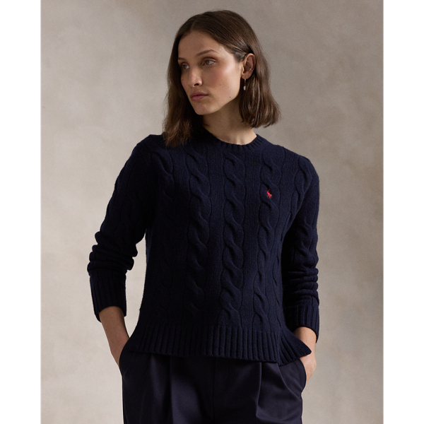 Cable-knit from a soft blend of wool and cashmere, this crewneck jumper has a vented rib-knit hem and is finished with our signature embroidered Pony on the chest.