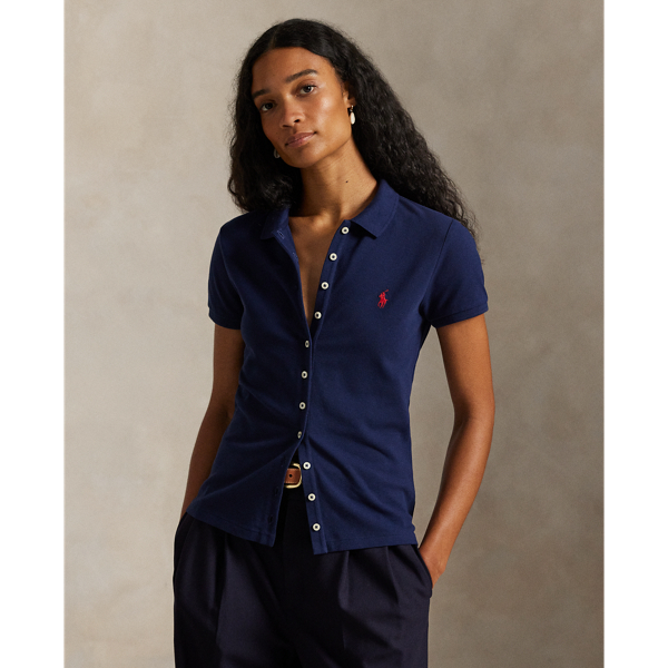 Crafted with stretch cotton piqué for a slim fit, this short-sleeve shirt unites a classic ribbed Polo collar and a full-buttoned placket. Our signature embroidered Pony adorns the chest.