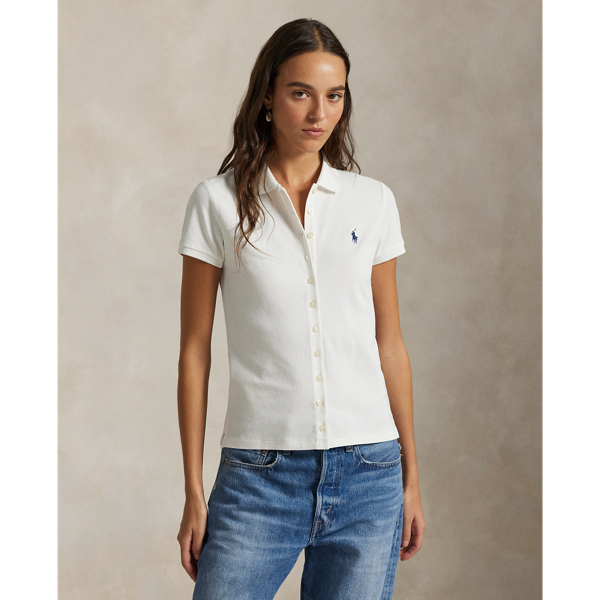Crafted with stretch cotton piqué for a slim fit, this short-sleeve shirt unites a classic ribbed Polo collar and a full-buttoned placket. Our signature embroidered Pony adorns the chest.
