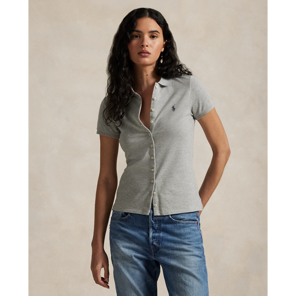 Crafted with stretch cotton piqué for a slim fit, this short-sleeve shirt unites a classic ribbed Polo collar and a full-buttoned placket. Our signature embroidered Pony adorns the chest.