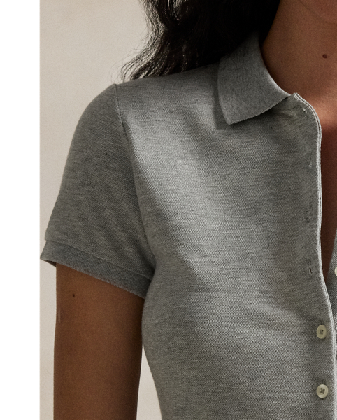 Crafted with stretch cotton piqué for a slim fit, this short-sleeve shirt unites a classic ribbed Polo collar and a full-buttoned placket. Our signature embroidered Pony adorns the chest.
