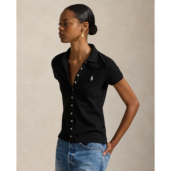 Crafted with stretch cotton piqué for a slim fit, this short-sleeve shirt unites a classic ribbed Polo collar and a full-buttoned placket. Our signature embroidered Pony adorns the chest.