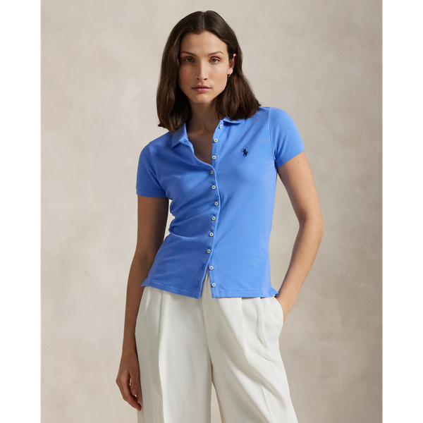 Crafted with stretch cotton piqué for a slim fit, this short-sleeve shirt unites a classic ribbed Polo collar and a full-buttoned placket. Our signature embroidered Pony adorns the chest.