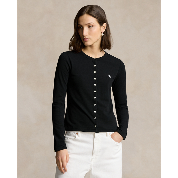 Made from a lightweight stretch-cotton blend, this crewneck cardigan is detailed with one-button cuffs and our signature embroidered Pony.