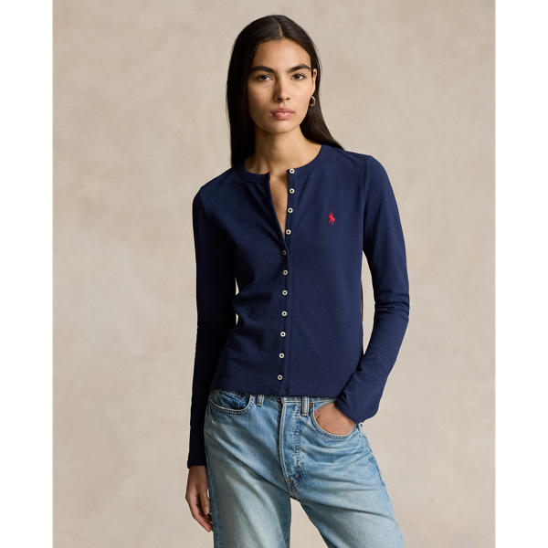 Made from a lightweight stretch-cotton blend, this crewneck cardigan is detailed with one-button cuffs and our signature embroidered Pony.