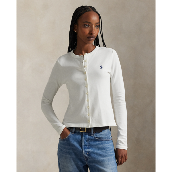 Made from a lightweight stretch-cotton blend, this crewneck cardigan is detailed with one-button cuffs and our signature embroidered Pony.