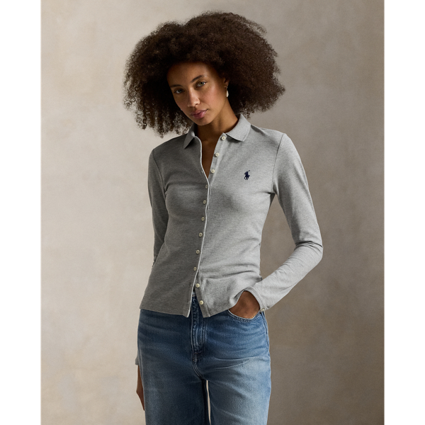 Crafted from stretch cotton piqué for a slim fit, this long-sleeve shirt combines a classic rib-knit Polo collar and a full-button placket. Our signature embroidered Pony adorns the chest.