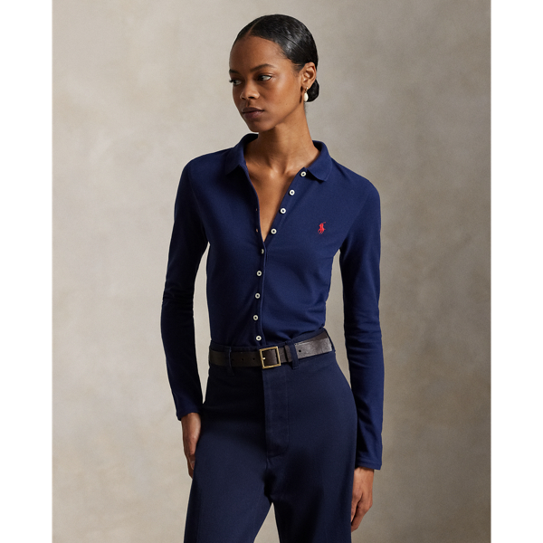 Crafted from stretch cotton piqué for a slim fit, this long-sleeve shirt combines a classic rib-knit Polo collar and a full-button placket. Our signature embroidered Pony adorns the chest.