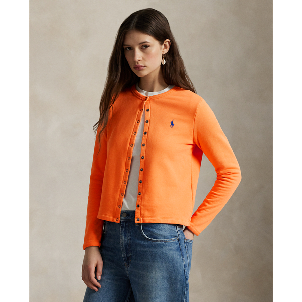Smooth French terry and a snapped placket come together to create this crewneck cardigan, which is finished with our signature embroidered Pony on the chest.