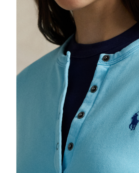 Smooth French terry and a snapped placket come together to create this crewneck cardigan, which is finished with our signature embroidered Pony on the chest.