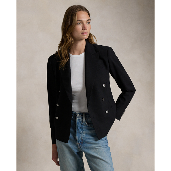 Tailored with Italian stretch wool faille, this blazer has a double-breasted silhouette with signature helmet-and-mallet-engraved metal buttons.