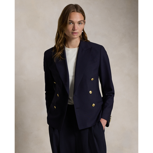Tailored with Italian stretch wool faille, this blazer has a double-breasted silhouette with signature helmet-and-mallet-engraved metal buttons.