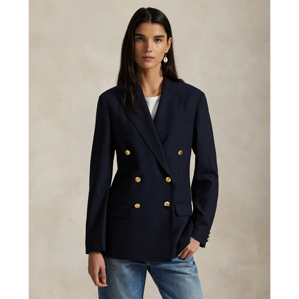 A classic wardrobe staple, this menswear-inspired blazer unites stretch wool faille with tailored details such as peak lapels and a double-breasted silhouette.