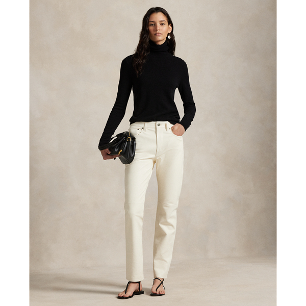 Cut for a relaxed, straight fit, these full-grain lambskin leather trousers are modelled on classic jeans with five-pocket styling and signature "P.R.L. 67"-engraved metal rivets.