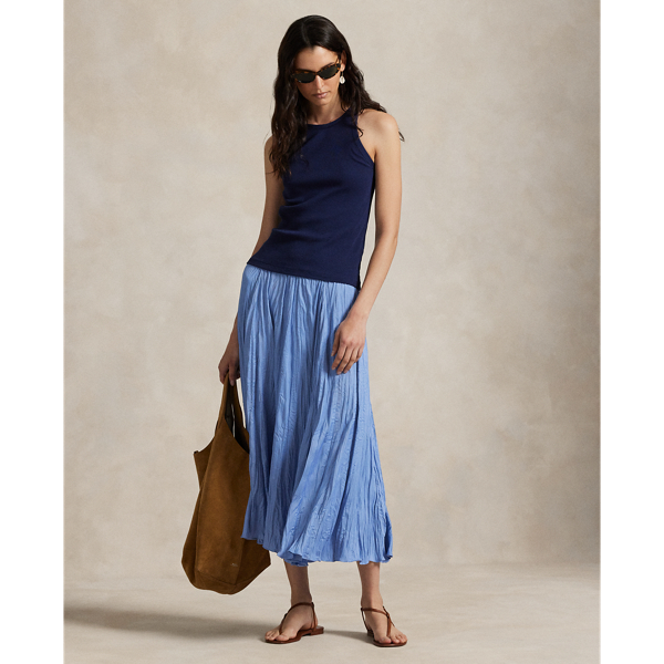 This satin skirt is cut for an A-line silhouette and features an allover crinkled texture.