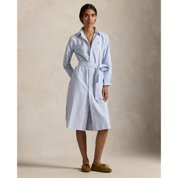 Made with our signature cotton oxford, this yarn-dyed striped shirtdress has an elongated, straight fit with a self-belt at the waist. Our embroidered Pony adorns the chest.