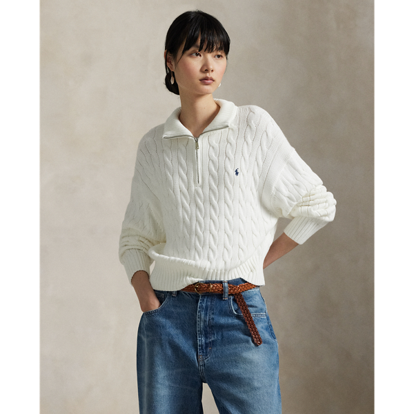 Combining the casual styling of a pullover with our iconic cable-knit construction, this quarter-zip jumper is crafted from chunky cotton yarn and meticulously embroidered with our signature Pony on the chest.