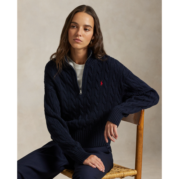 Combining the casual styling of a pullover with our iconic cable-knit construction, this quarter-zip jumper is crafted from chunky cotton yarn and meticulously embroidered with our signature Pony on the chest.