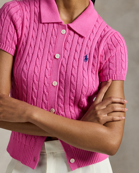 This short-sleeve cardigan combines two of Ralph Lauren Lauren's most celebrated design elements: the Polo shirt and the cable-knit construction. Cut for a slim fit, it's made from combed cotton and finished with our signature embroidered Pony.