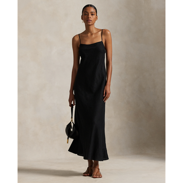 Lightweight with a clean-lined construction, the A-line silhouette of this sleeveless linen dress is cut on the bias for a fluid drape.