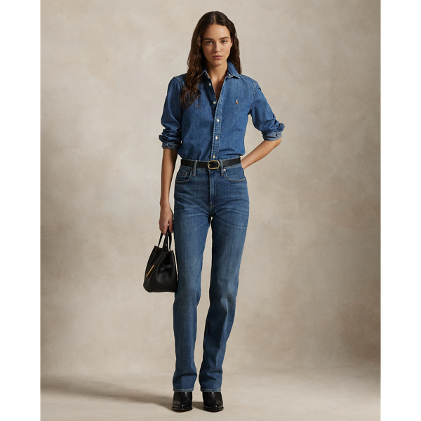 This version of Polo's High-Rise Relaxed Straight jean is cut with Turkish denim and treated for a faded, vintage-inspired look. Cut for a high rise, these jeans are finished with signature engraved hardware.