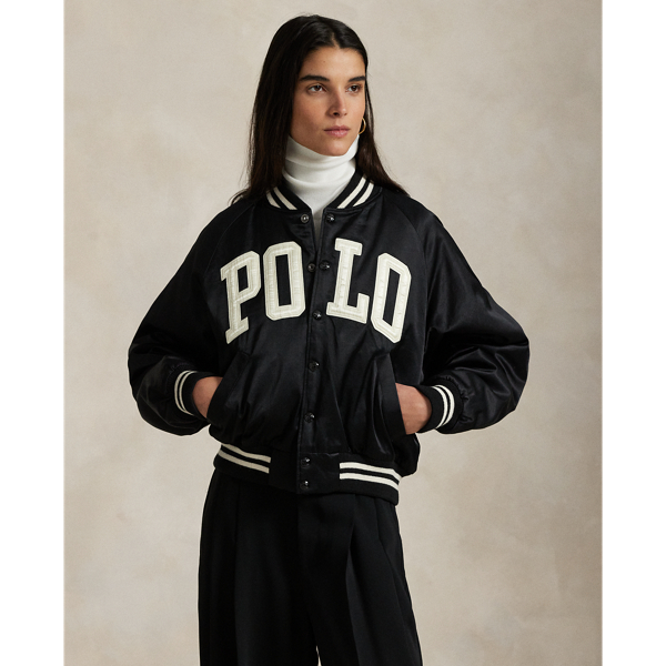 Cut from satin for an easy drape and a refined, luxurious sheen, this lightly filled bomber jacket is embroidered with patches that spell our signature logo across the front. Striped rib-knit trim at the collar, cuffs and hem adds a classic finish.