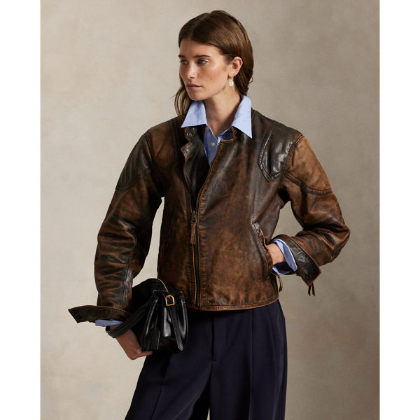 Designed for the look of a broken-in vintage find, this leather moto jacket is treated for a unique, crackled appearance with distinct nuances of shading that will continue to age and fade over time. The classic silhouette features articulated sleeves with padded shoulder and elbow patches, along with an allover diamond-quilted lining.