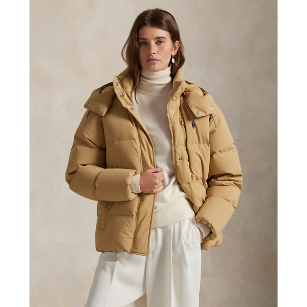 Combining a water-repellent shell and insulating, 750-fill-power down, this quilted jacket features a removable drawstring hood, two-way zip placket and protective snapped storm placket. Our signature embroidered Pony adorns the chest.