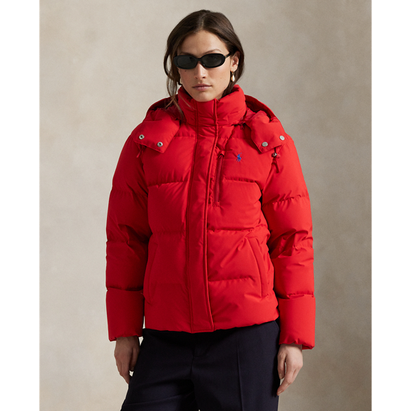 Combining a water-repellent shell and insulating, 750-fill-power down, this quilted jacket features a removable drawstring hood, two-way zip placket and protective snapped storm placket. Our signature embroidered Pony adorns the chest.