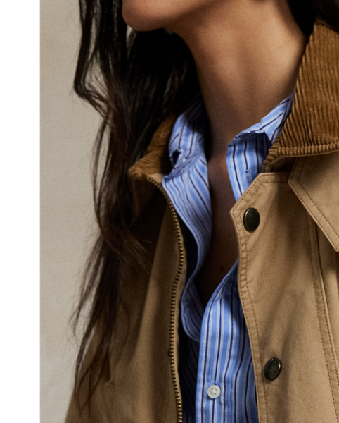 Woven with cotton for a medium weight, this workwear-inspired utility jacket has a relaxed shape outfitted with a corduroy collar, patch pockets and signature engraved metal snaps.