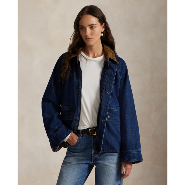 Cut for an oversize fit that allows for easy layering, this authentic barn jacket unites durable denim with corduroy trim – a classic combination inspired by American workwear. It's rope-dyed for a medium-dark indigo hue with a subtle high-low effect and vintage-inspired slub character.