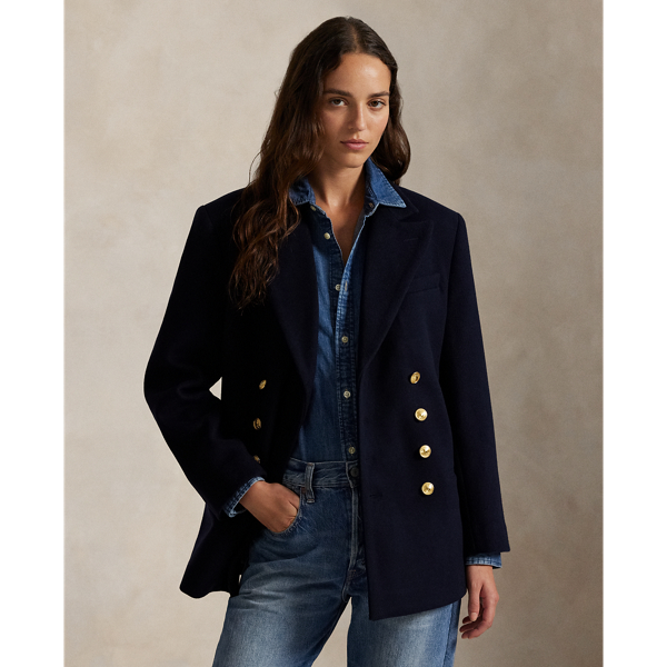 Finely crafted with Italian wool melton, this structured double-breasted jacket is designed with shoulder pads and a partial cupro lining. It's adorned with signature engraved buttons for a heritage-inspired finish.