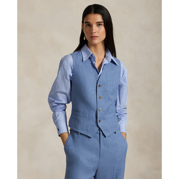 Woven with a blend of Italian linen and cotton yarns, this menswear-inspired twill waistcoat is constructed with a buttoned placket, notched front hem and an adjustable buckled detail at the back waist.