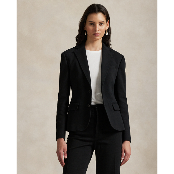 Woven with a cotton blend, this double-knit blazer is cut for a soft yet structured silhouette and finished with notch lapels.