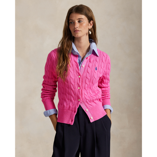 Cable-knit with pure cotton, this slim crewneck cardigan is finished with the signature embroidered Pony on the chest.