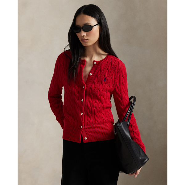 Cable-knit with pure cotton, this slim crewneck cardigan is finished with the signature embroidered Pony on the chest.