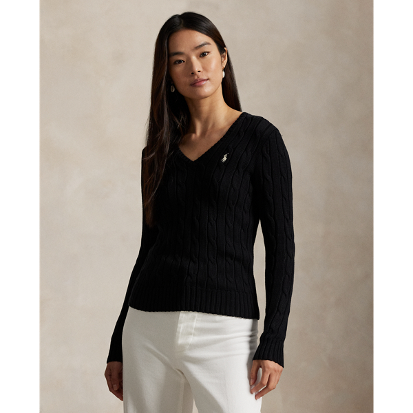 Crafted with combed cotton for a soft hand, this classic V-neck jumper is defined by a cable-knit construction and a slim-fitting silhouette. Our embroidered Pony on the chest lends a signature finish.