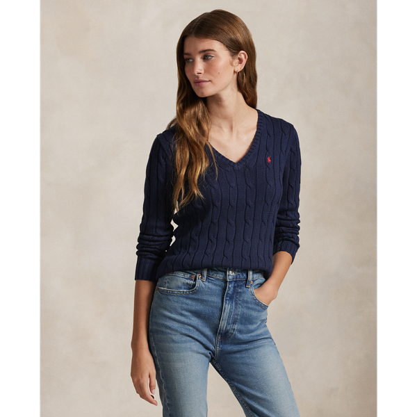 Crafted with combed cotton for a soft hand, this classic V-neck jumper is defined by a cable-knit construction and a slim-fitting silhouette. Our embroidered Pony on the chest lends a signature finish.