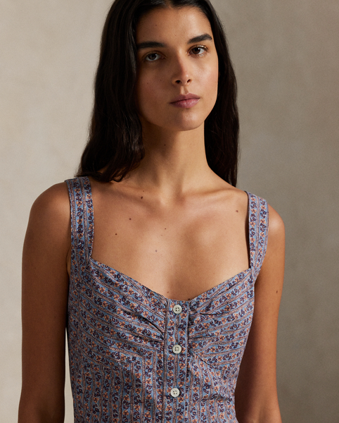 This quintessential warm-weather dress is crafted with floral-print cotton and features a front placket with genuine mother-of-pearl buttons. The fitted bodice and tiered hem create a classic A-line silhouette.