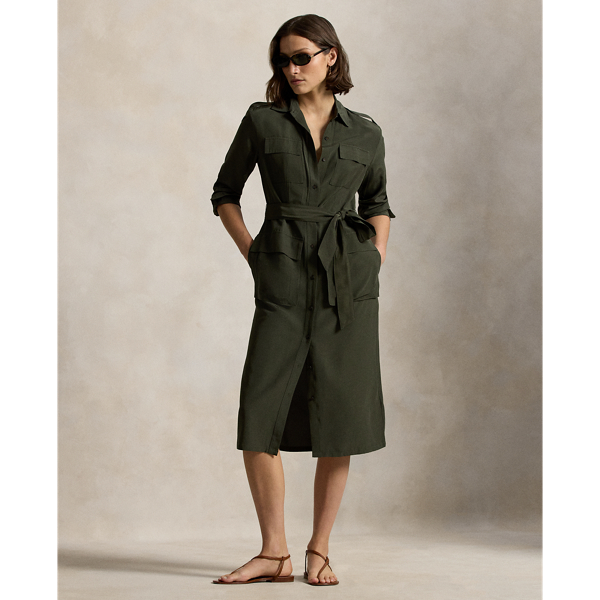 Smooth faille fabric brings an effortless drape to the structured lines of this belted shirtdress, which features utility-inspired details, including patch pocketing and buttoned shoulder epaulets.