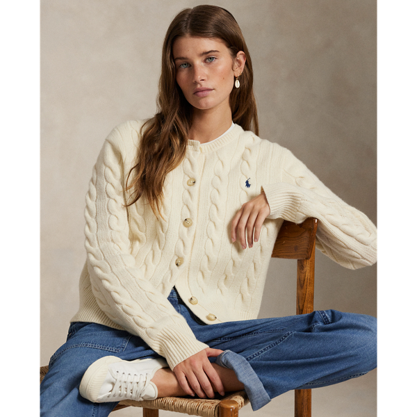 Cable-knit with a soft blend of Italian wool and carded cashmere, this buttoned crewneck cardigan is accented with our signature embroidered Pony at the chest.